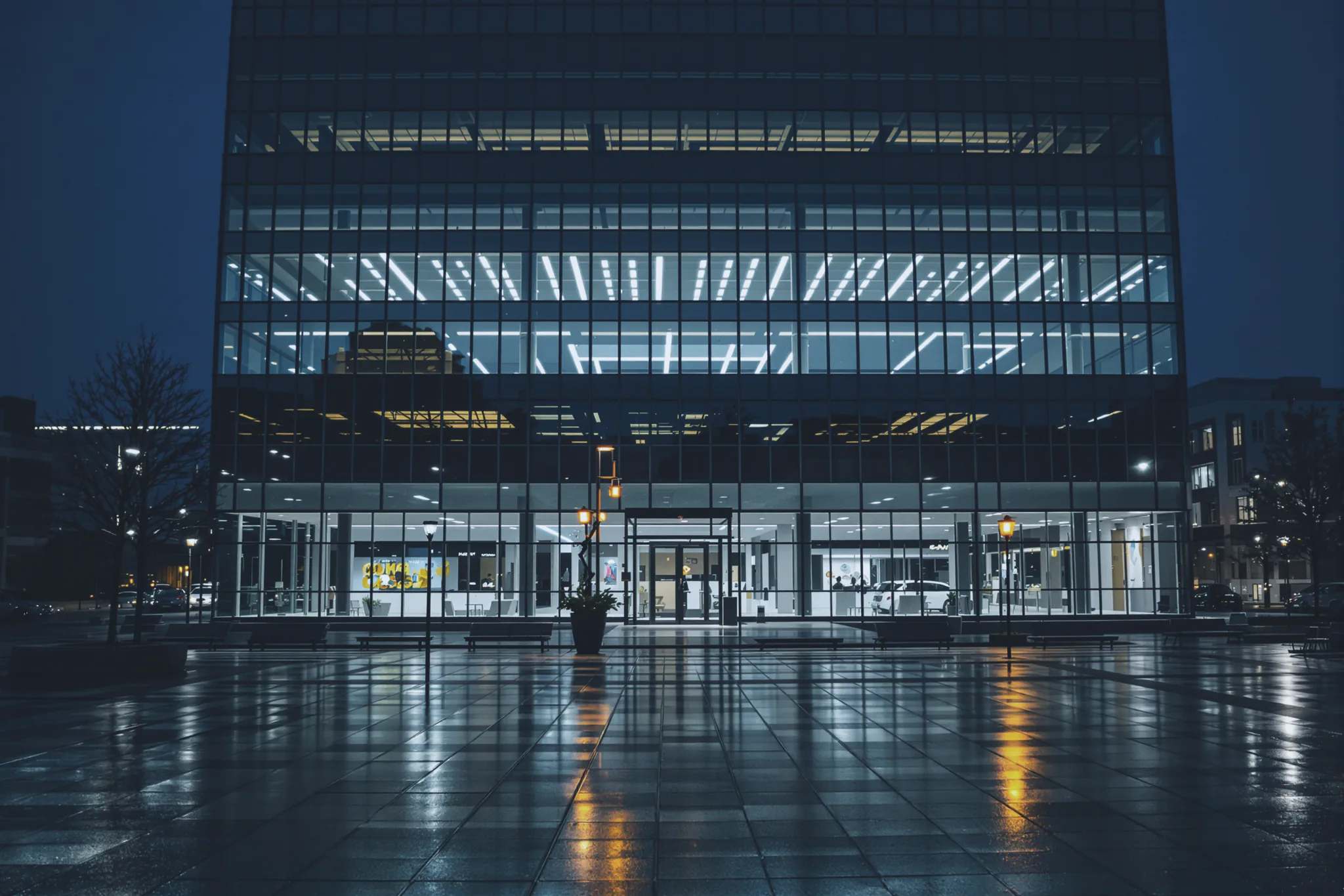 An empty corporate plaza at night, wet pavement reflecting cool light.